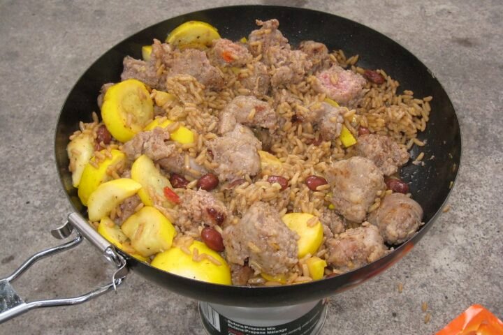 A mixed camping meal