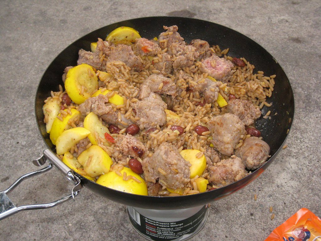 A mixed camping meal