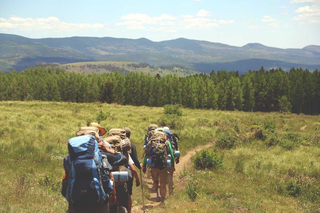 Group of hikers with backpacks walking on a grassland trail