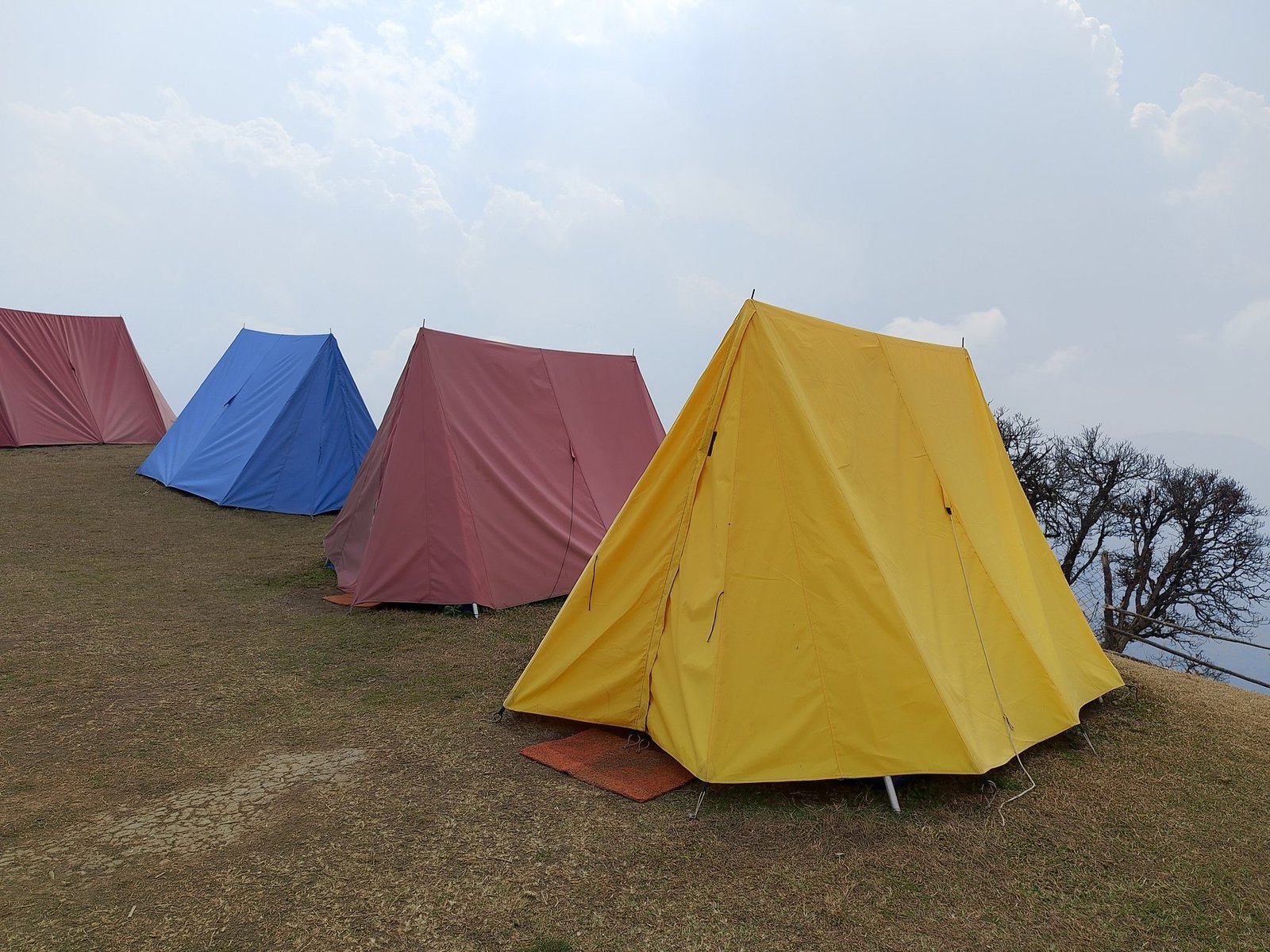 Yellow, red and blue camping tents pitched on a grassy hill under a cloudy sky