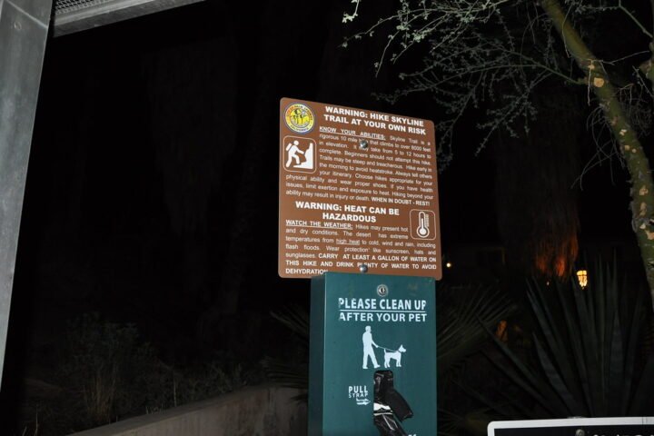 Skyline Trail warning sign advising hikers to avoid summer and winter hikes because of dangerous conditions