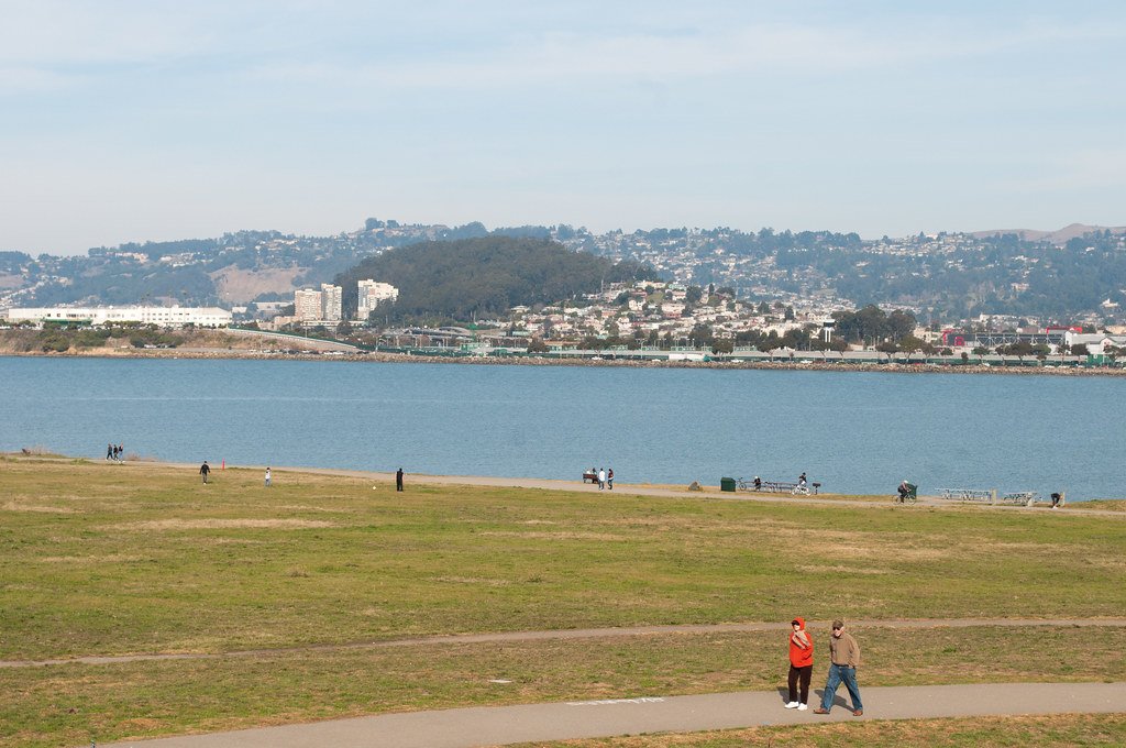 People walking in a park in front of the bay and the Berkeley shore