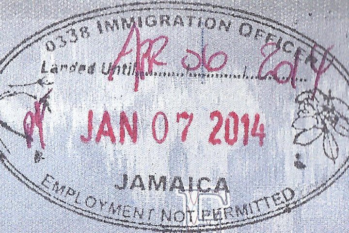 A Jamaica entry stamp on a passport page
