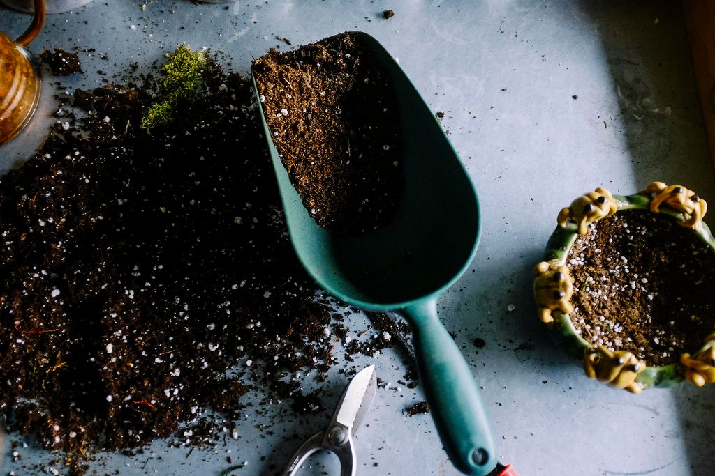 A hand trowel with soil