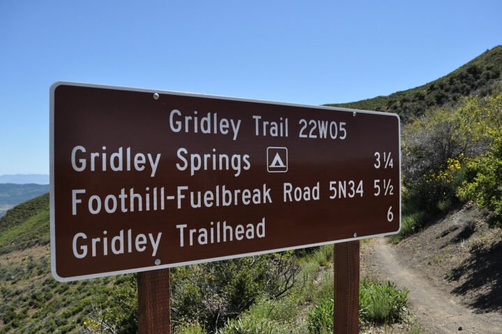 Trail junction sign for Nordhoff Ridge Road and Gridley Trail