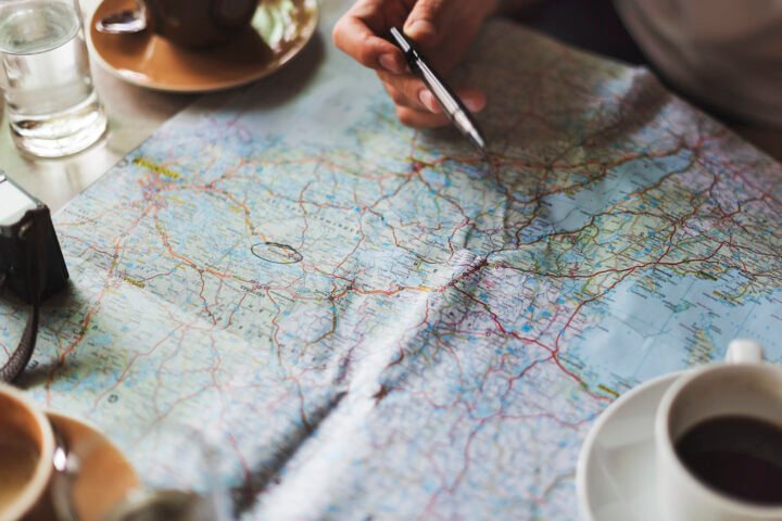 Travel map concept showing locations and directions