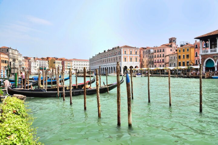 Gondolas at Hotel Ca' Sagredo on the Grand Canal near Rialto in Venice, Italy
