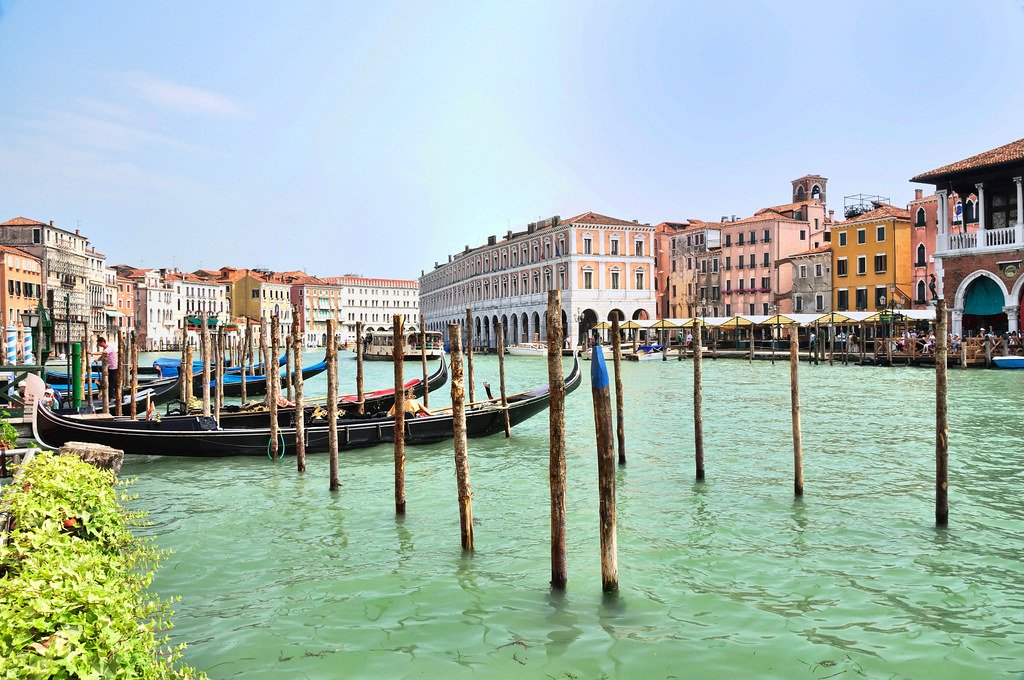 Gondolas at Hotel Ca' Sagredo on the Grand Canal near Rialto in Venice, Italy