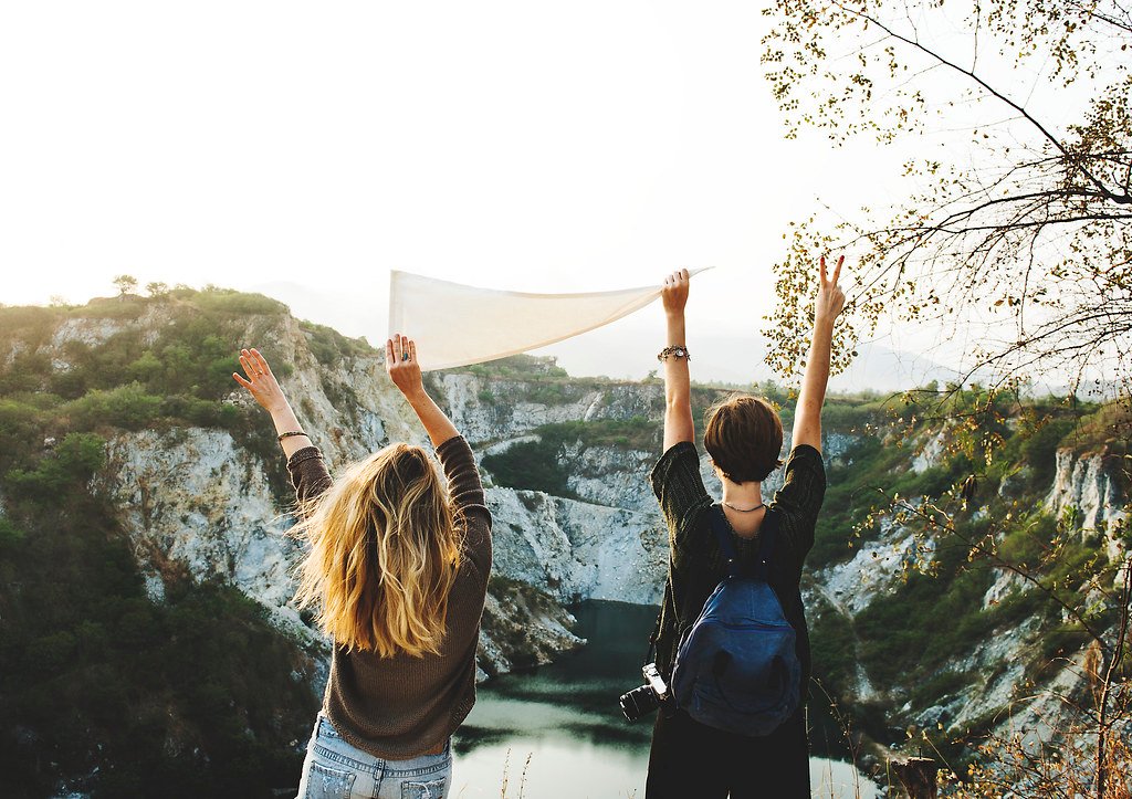 A woman traveling on a mountain vacation