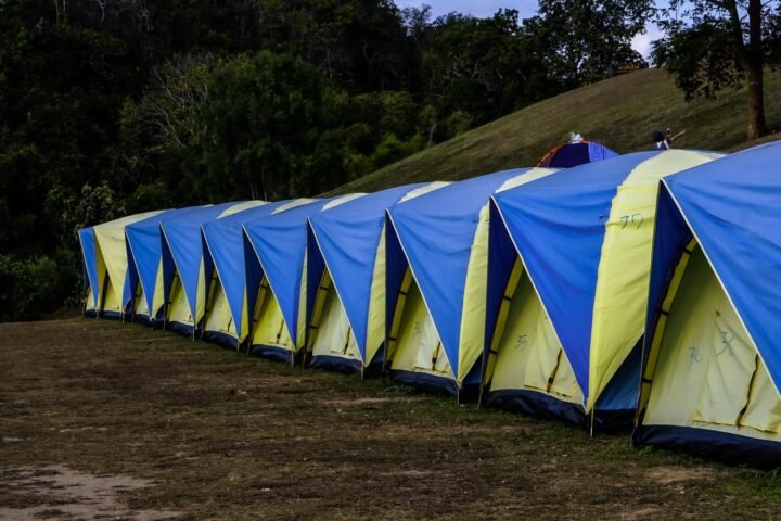 A line of blue and yellow dome tents set up in a grassy field with trees and a hill behind