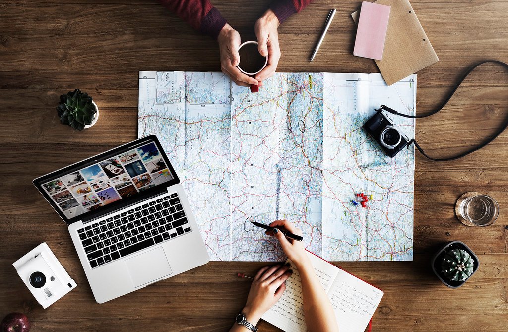 A travel map laid out for planning a trip route